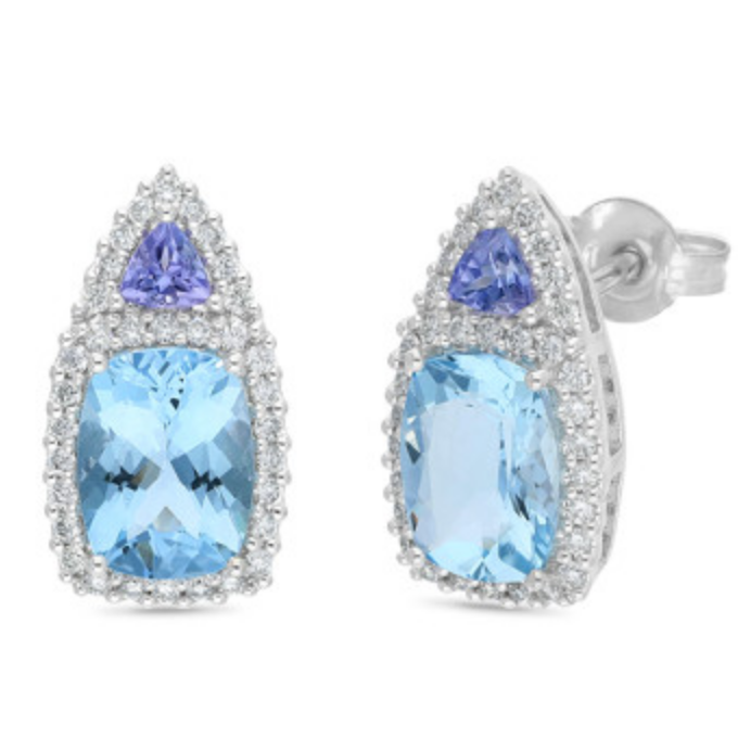 9Ct White Gold Aquamarine &amp; Tanzanite Cushion Cut Earrings