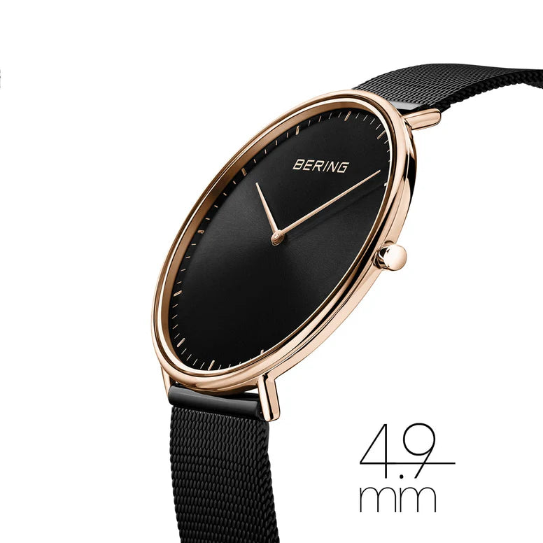 BERING Ultra Slim Black and Rose Gold 39mm Milanese Strap 15739-166