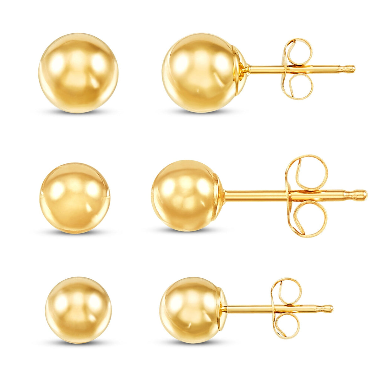 14KY Gold Ball Stud Earrings 3 Sizes (4mm, 5mm, 6mm) With Friction Backs