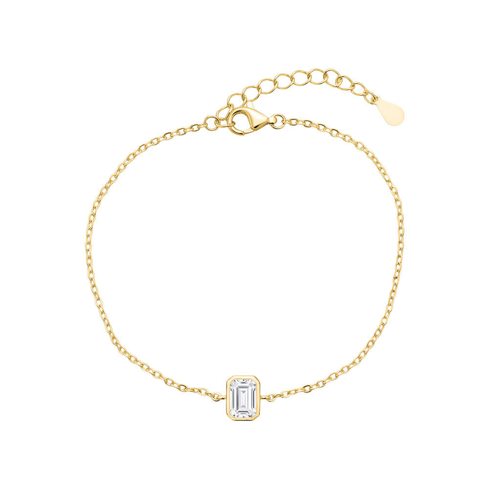Sterling silver fine chain bracelet with set octagon clear CZ