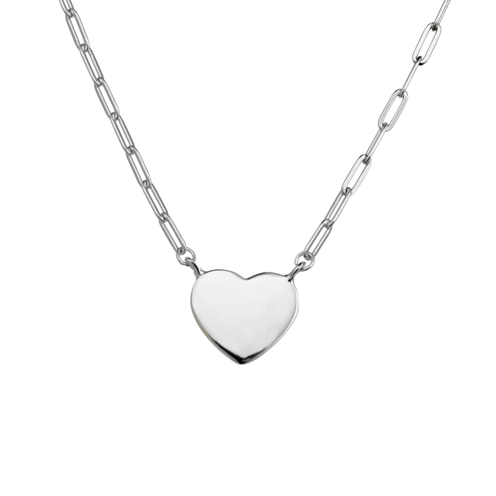 Sterling silver paperclip necklace with flat heart pendant