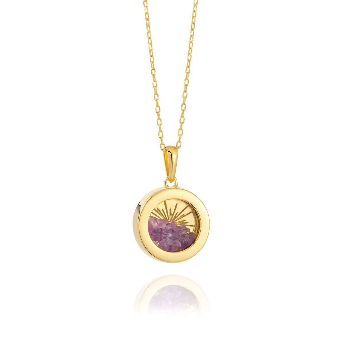 Rachel Jackson Small Deco Sun Amulet Birthstone Gold Necklace Amethyst