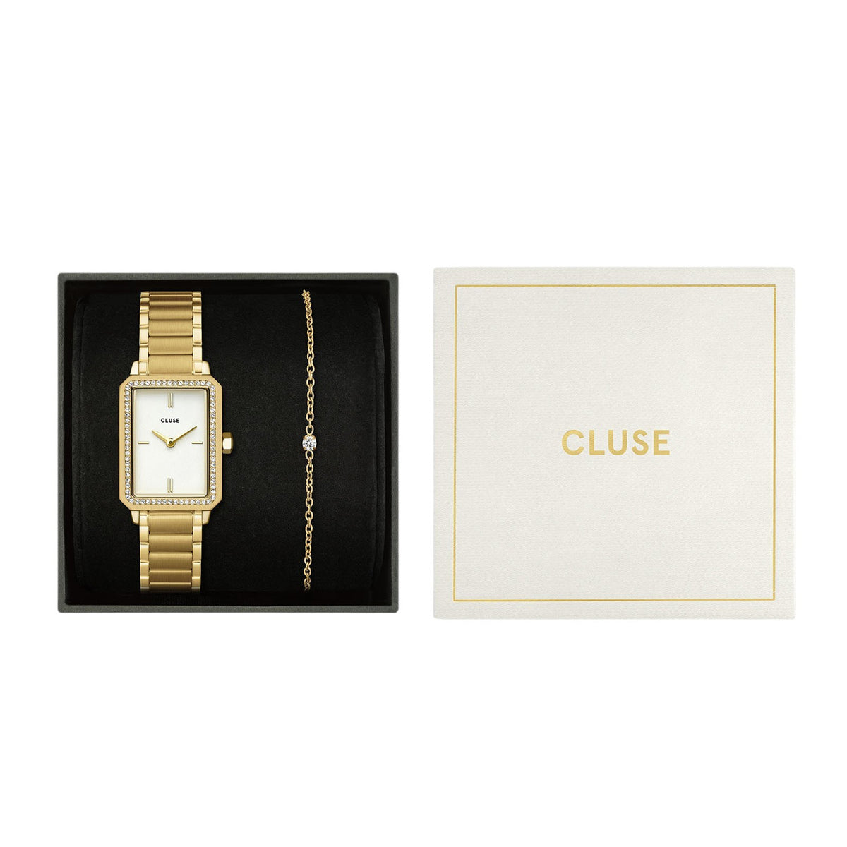 CLUSE Fluette White Gold Stones Watch &amp; Zirconia Bracelet Gift Set