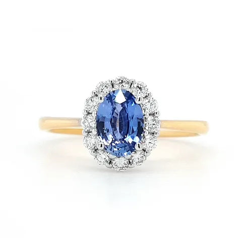 18K White &amp; Yellow Gold Halo Oval Sapphire Ring