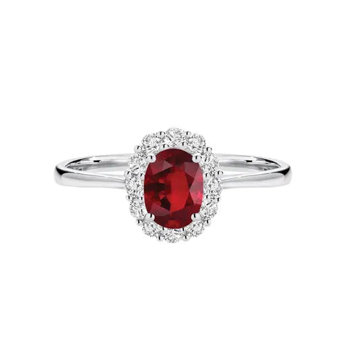 18K White Gold Oval Ruby Halo Diamond Ring