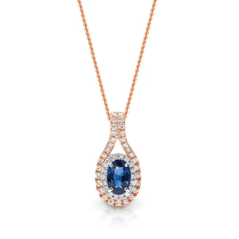 9K White &amp; Rose Gold Halo Oval Sapphire &amp; Diamond Pendant