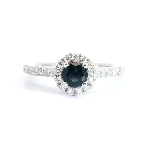 18K White Gold Australian Sapphire Halo Diamond Ladies Ring