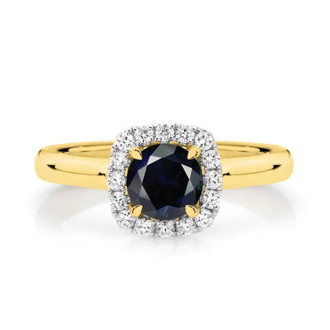 18K Yellow Gold Australian Sapphire Halo Diamond Ladies Ring