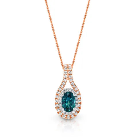 9K White &amp; Rose Gold Halo Oval Montana Sapphire Diamond Pendant