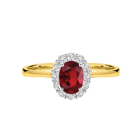 18K Yellow Gold Oval Ruby Halo Diamond Ring
