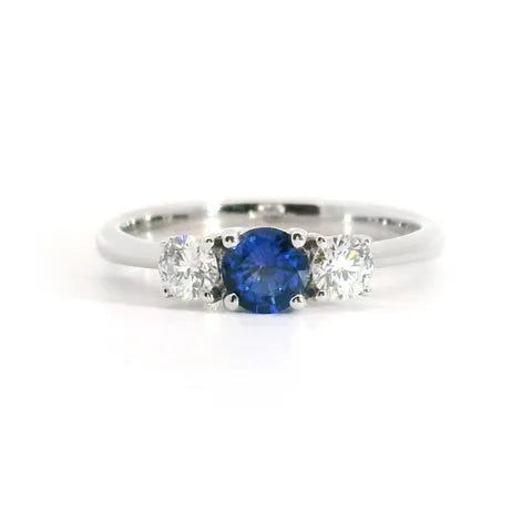 18K White Gold Trilogy Centre Sapphire &amp; Diamond Side Ring