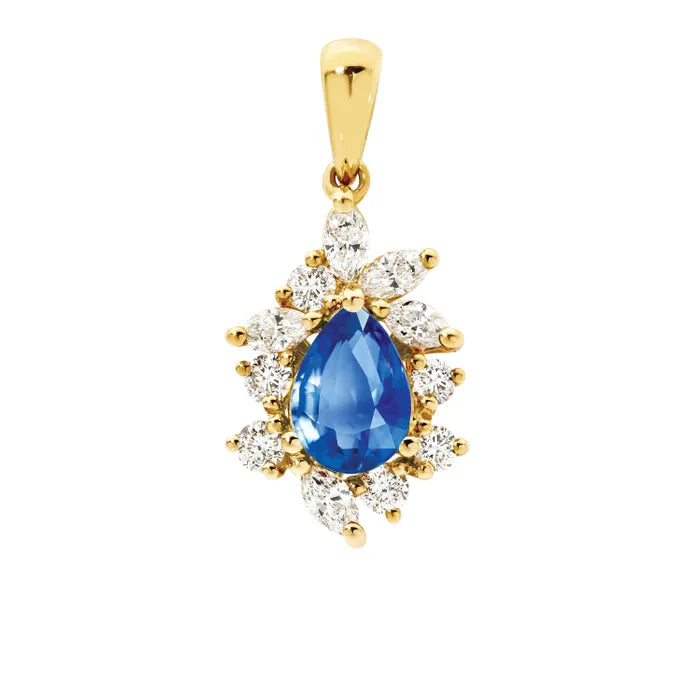 18K Yellow Gold Blue Sapphire Lotus Diamond Pendant