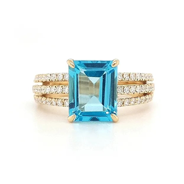 18K Yellow Gold Emerald Cut Blue Topaz Diamond Ring