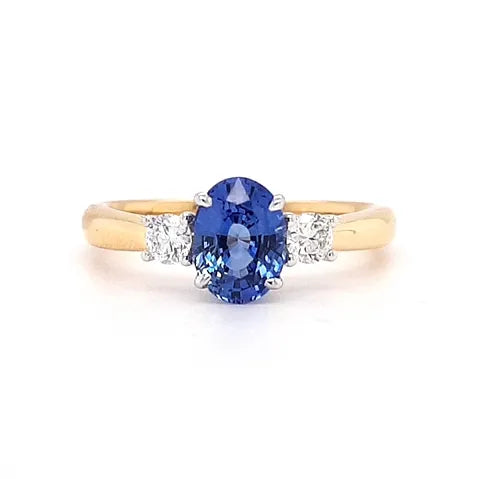 18K White &amp; Yellow Gold Oval Sapphire and Diamond Halo Ring