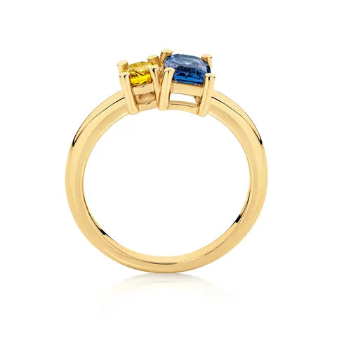 18K Yellow Gold Toi Et Moi Blue &amp; Yellow Sapphire Ring