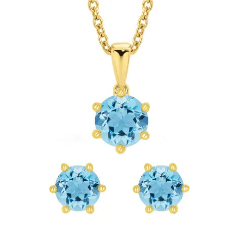 9K Yellow Gold Blue Topaz Pendant &amp; Earrings Set