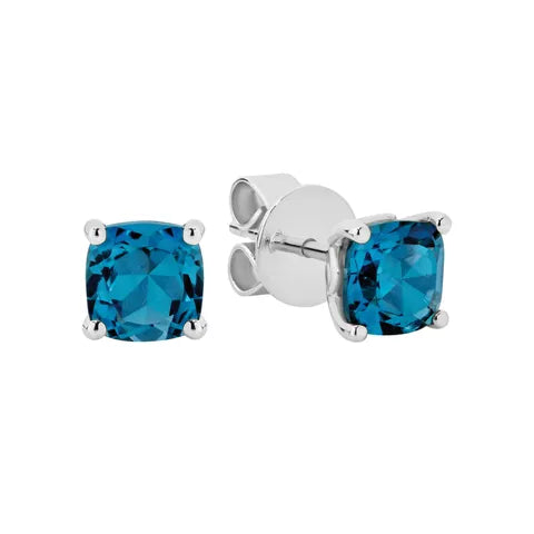 9K White Gold Cushion Cut Blue Topaz Earrings