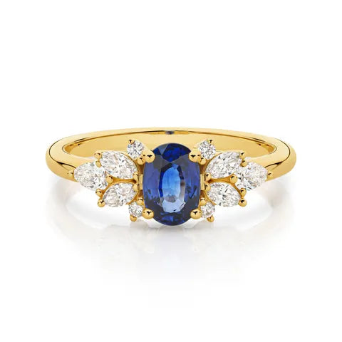 18K Yellow Gold Oval Ceylon Sapphire with Marquise Diamond Ring