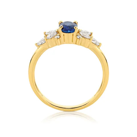 18K Yellow Gold Oval Ceylon Sapphire with Marquise Diamond Ring