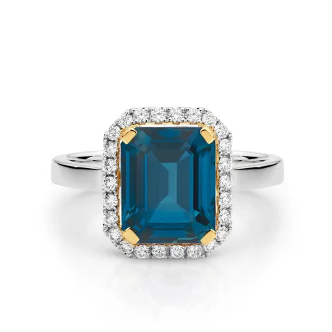 18K White &amp; Yellow Gold Blue Topaz Halo Ring