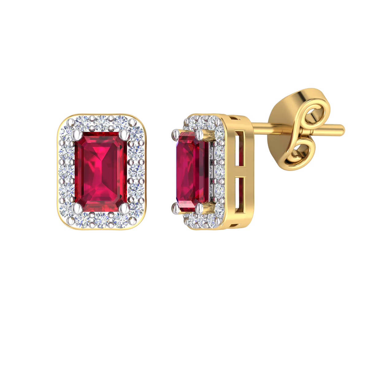 9KW/Y Gold Diamond &amp; Emerald Shape Ruby Earrings