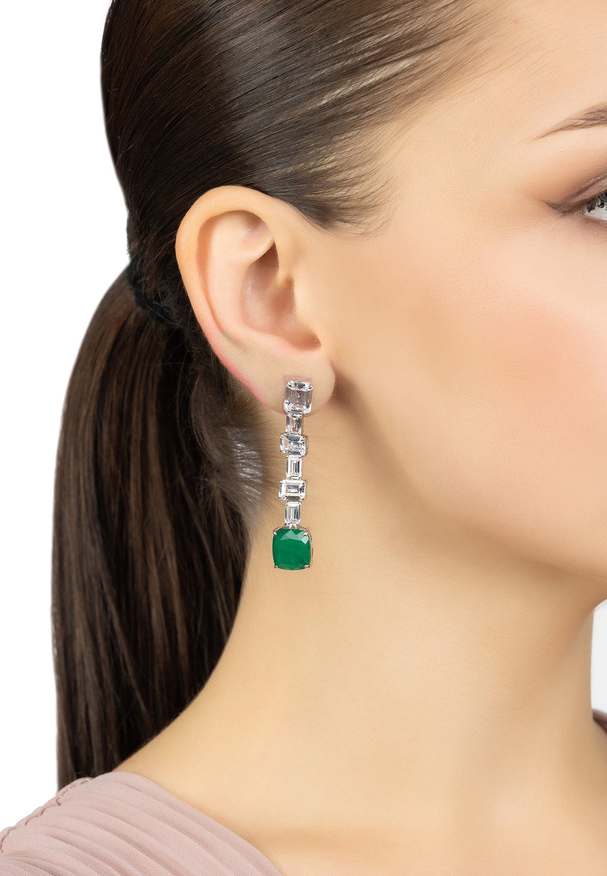 Elizabeth Colombian Emerald Drop Earrings Silver