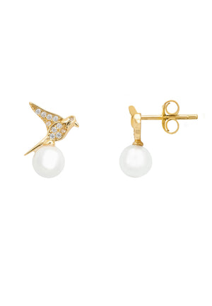 Swallows and Pearl Stud Earring Gold