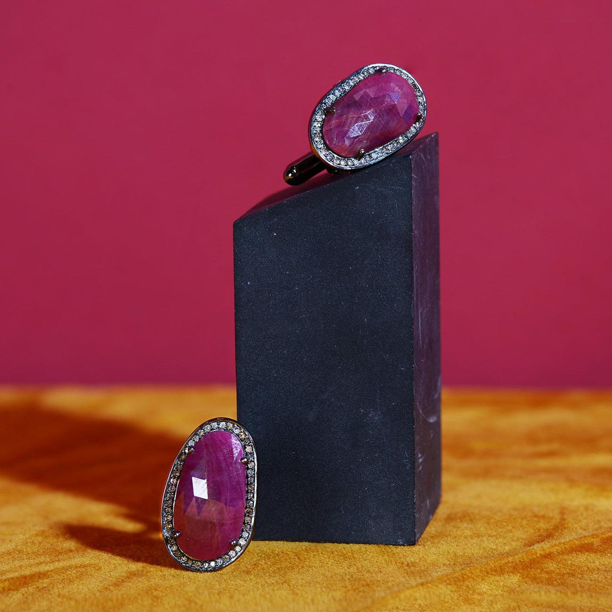 Ruby Cufflink Oxidised Silver Champagne Diamonds