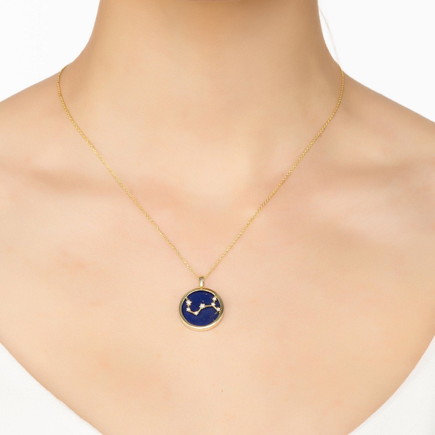 Zodiac Lapis Lazuli Gemstone Star Constellation Pendant Necklace Gold Scorpio