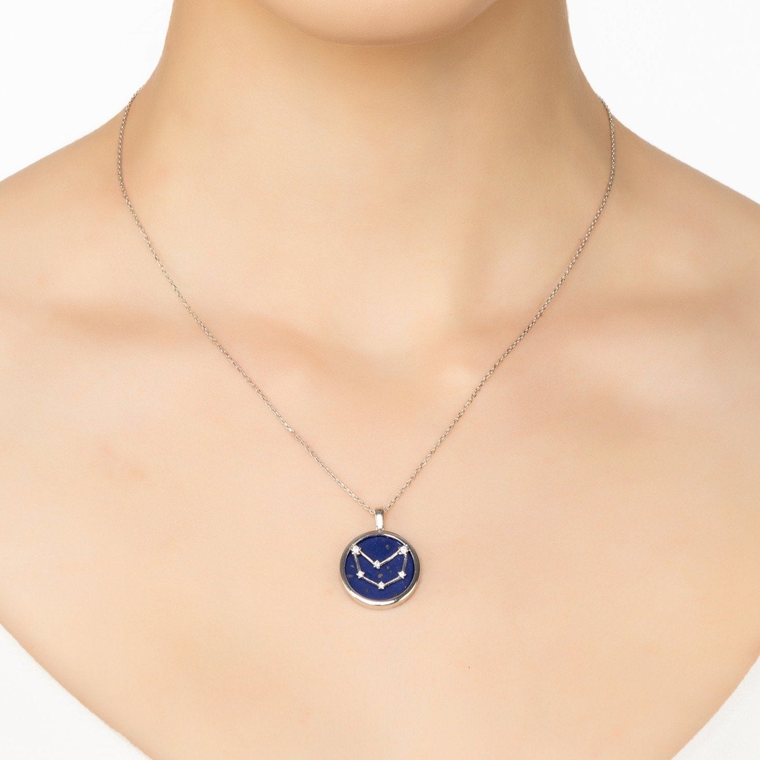 Zodiac Lapis Lazuli Gemstone Star Constellation Pendant Necklace Silver Capricorn