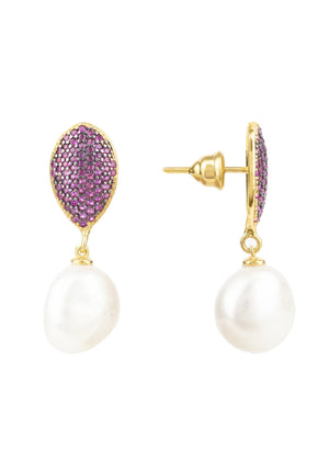 Baroque Pearl Classic Drop Earrings Rosegold Hot Pink CZ