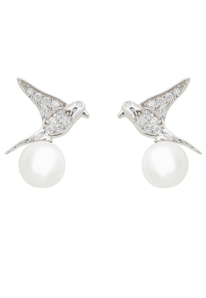 Swallows and Pearl Stud Earring Silver