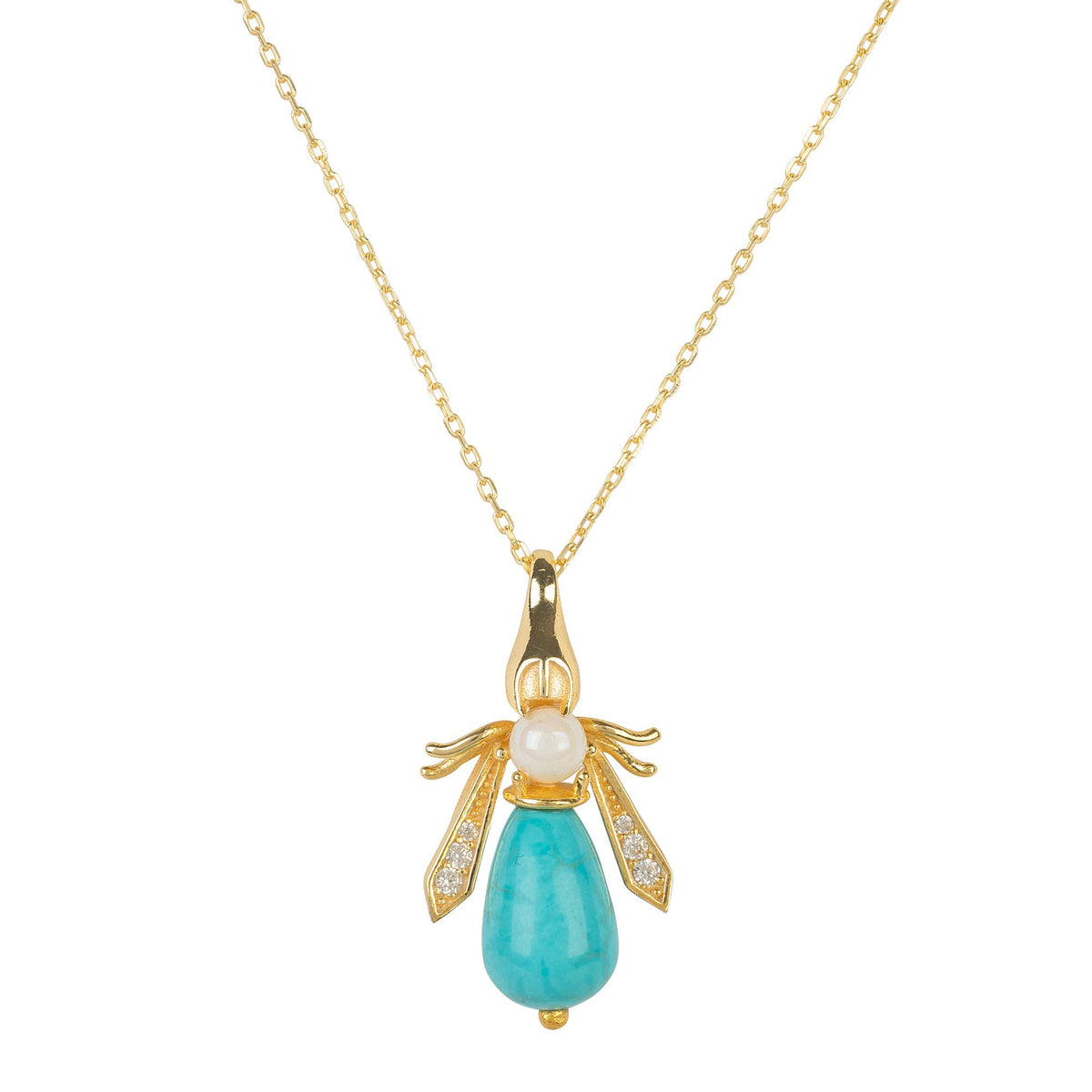 Turquoise &amp; Pearl Gemstone Bee Pendant Necklace Gold