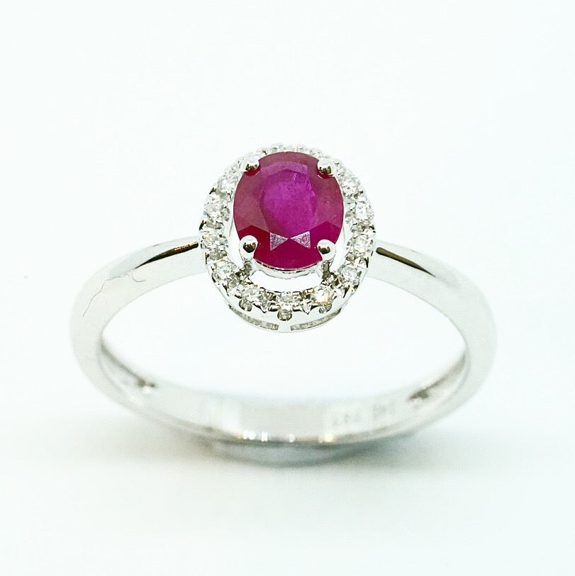14K White Gold Ruby and Diamond Halo Ladies Ring