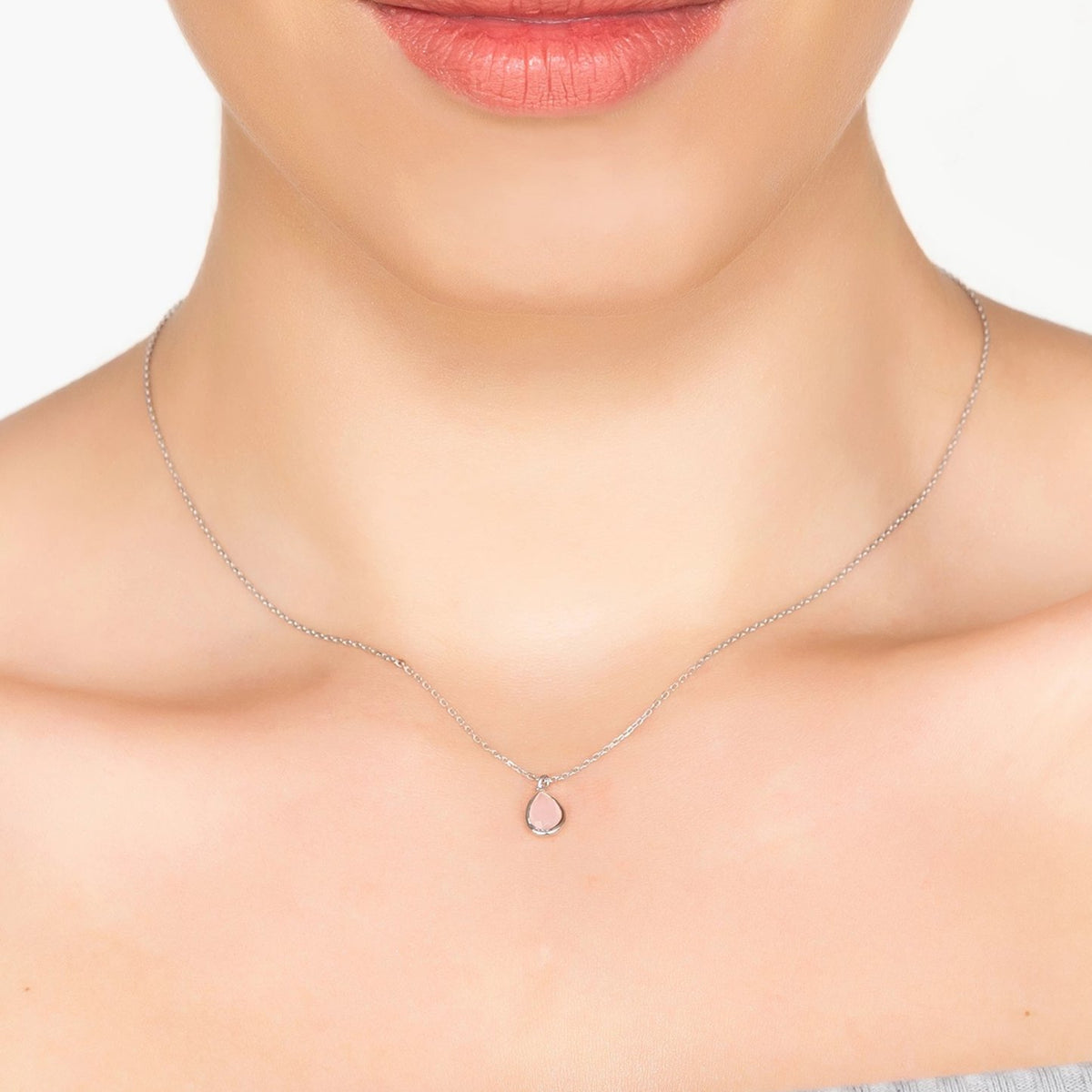 Pisa Mini Teardrop Necklace Silver Rose Quartz