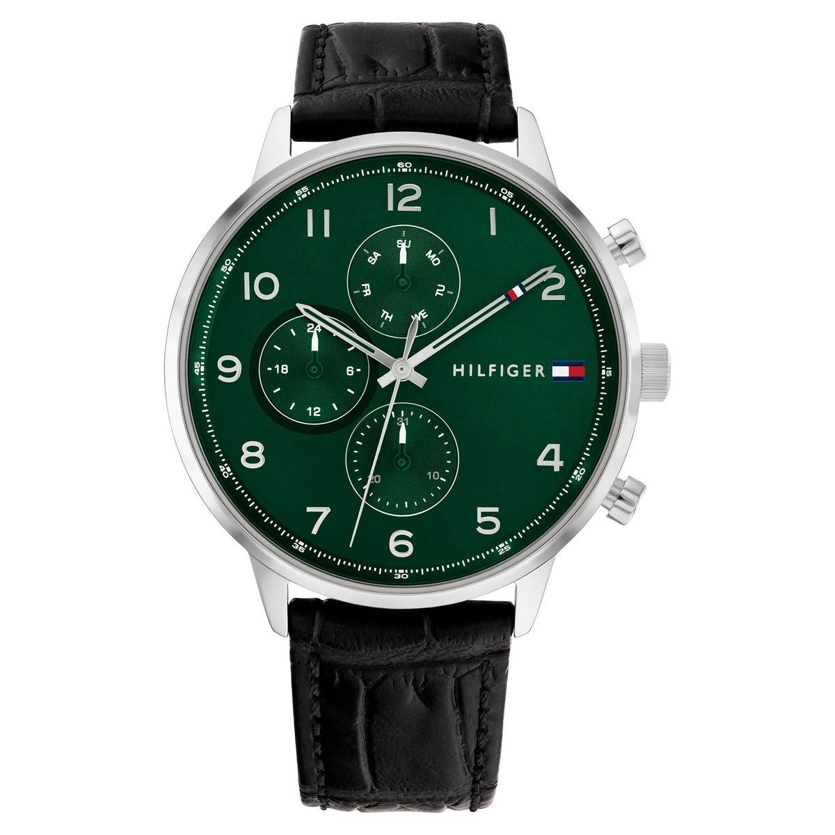 Tommy Hilfiger Black Leather Green Dial Men&#39;s Multi-function Watch - 1791985