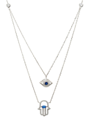 Hamsa Hand and Evil Eye Layered Necklace Silver
