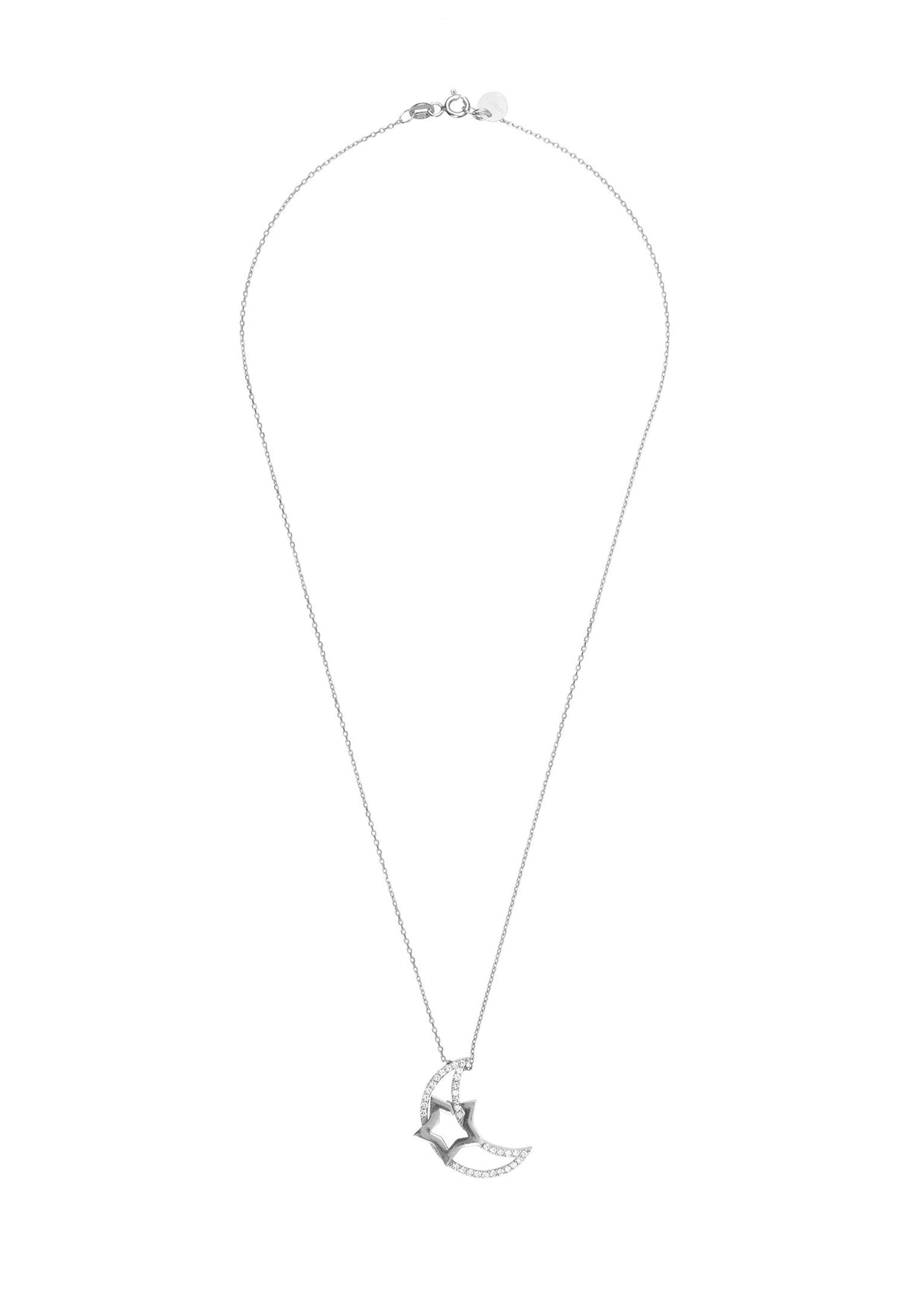 Crescent Moon &amp; Star Pendant Necklace Silver