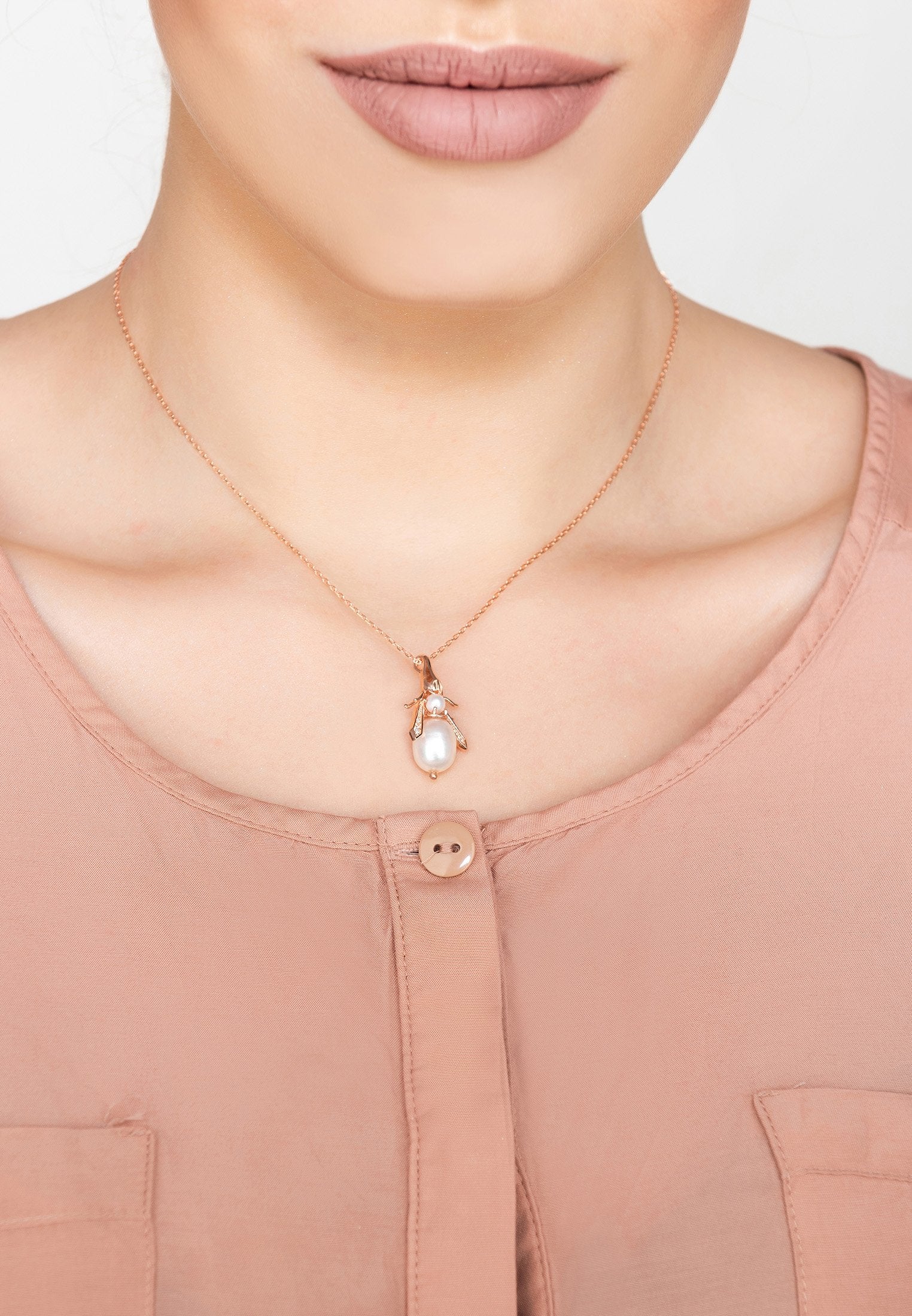 Pearl Gemstone Bee Pendant Necklace Rose Gold