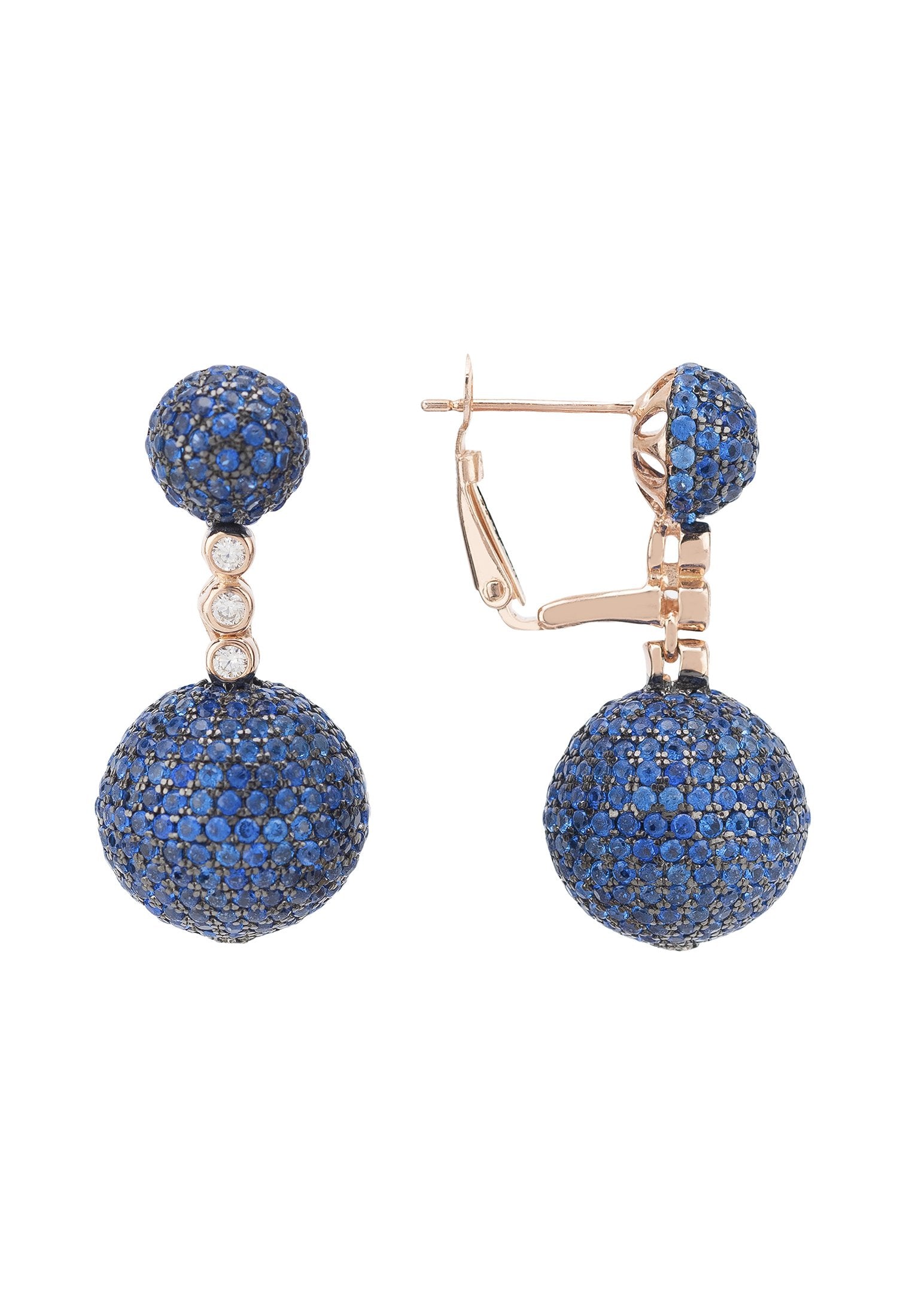 Monaco Sphere Drop Earrings Rosegold Sapphire Blue CZ