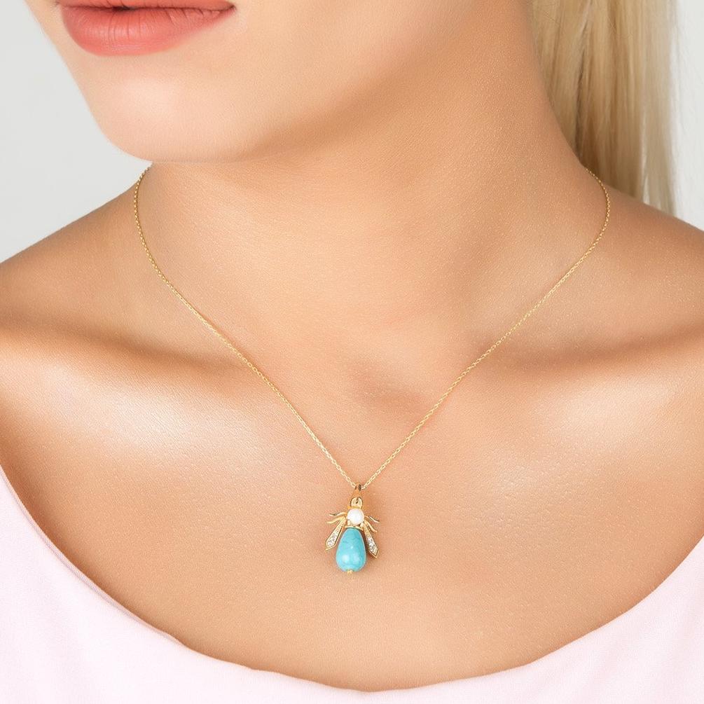 Turquoise &amp; Pearl Gemstone Bee Pendant Necklace Gold