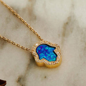 Hamsa Opalite Turquoise Blue Necklace Gold