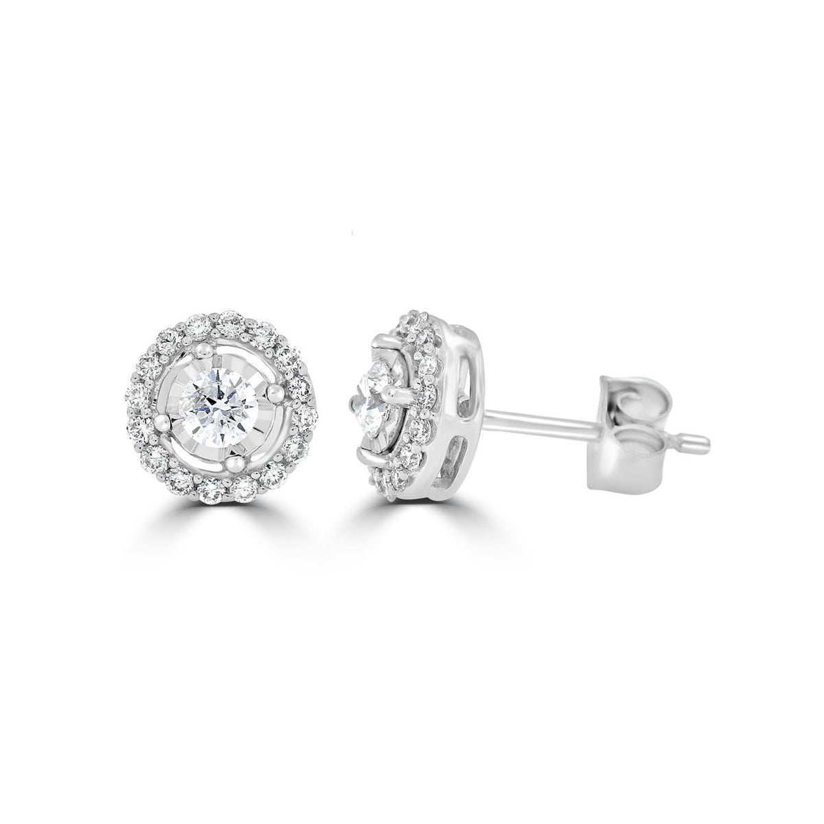 9ct White Gold Claw Set Diamond and Pave Set Surround Stud Earrings CH13952