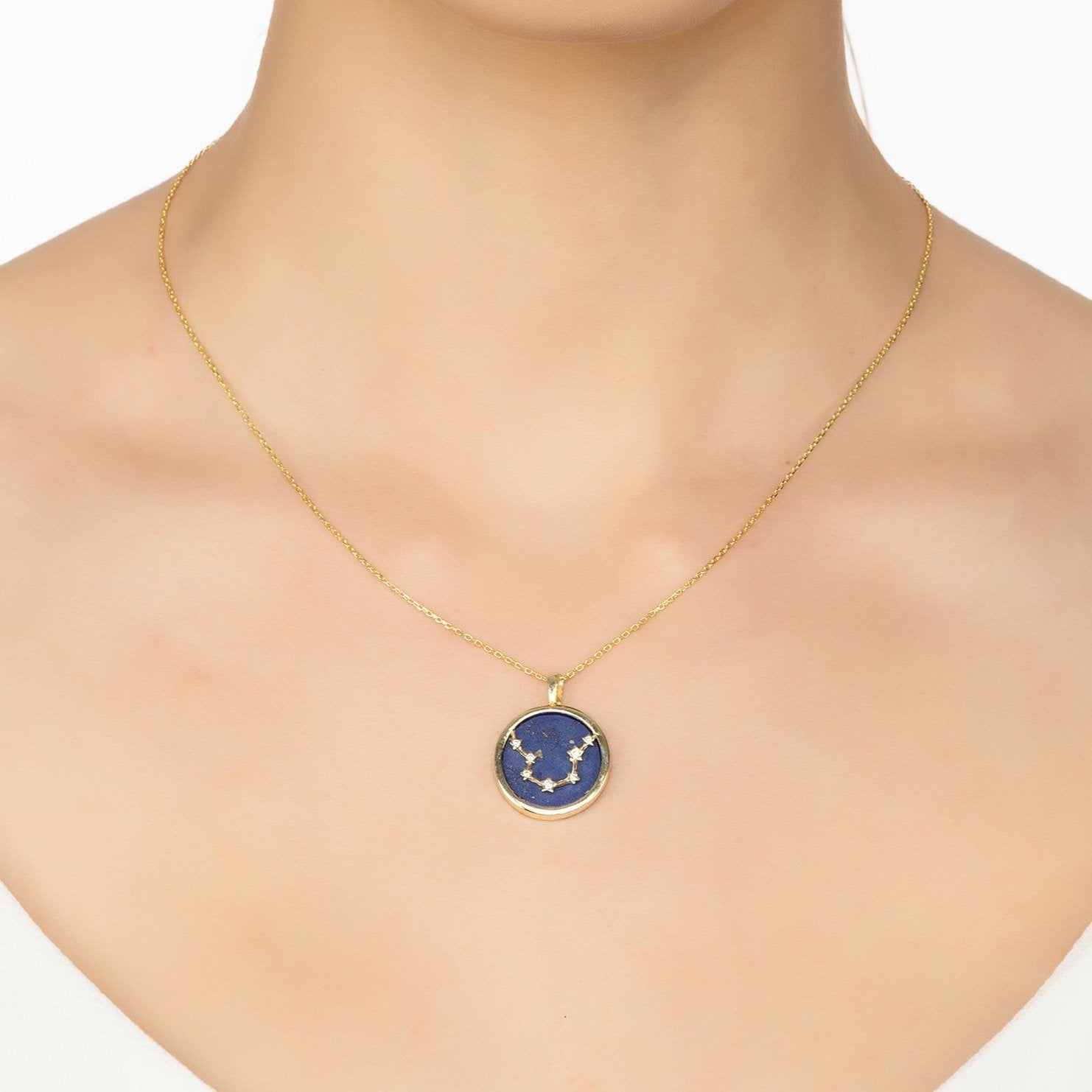 Zodiac Lapis Lazuli Gemstone Star Constellation Pendant Necklace Gold Aquarius