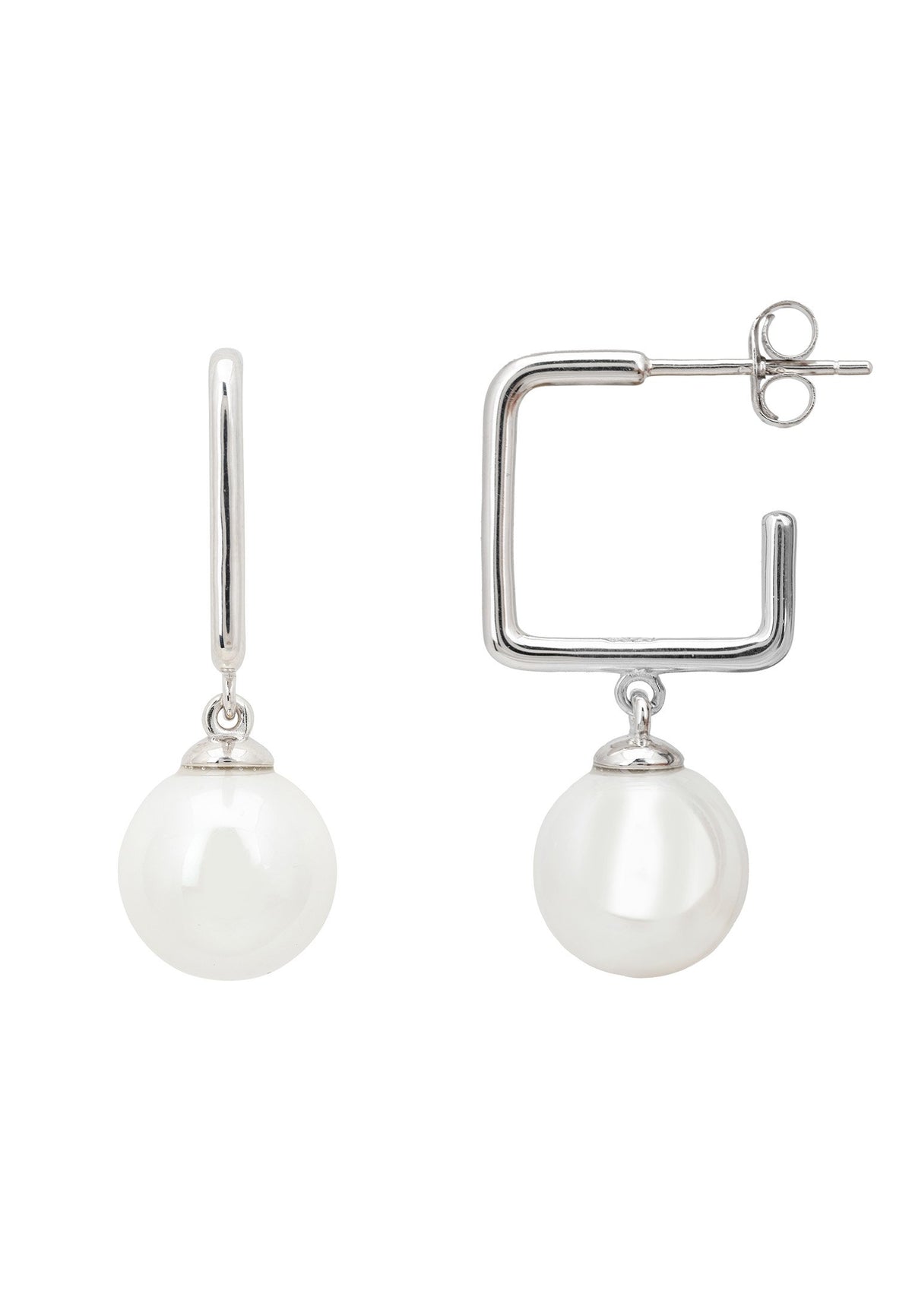 Square Hoop &amp; Pearl Earring Silver