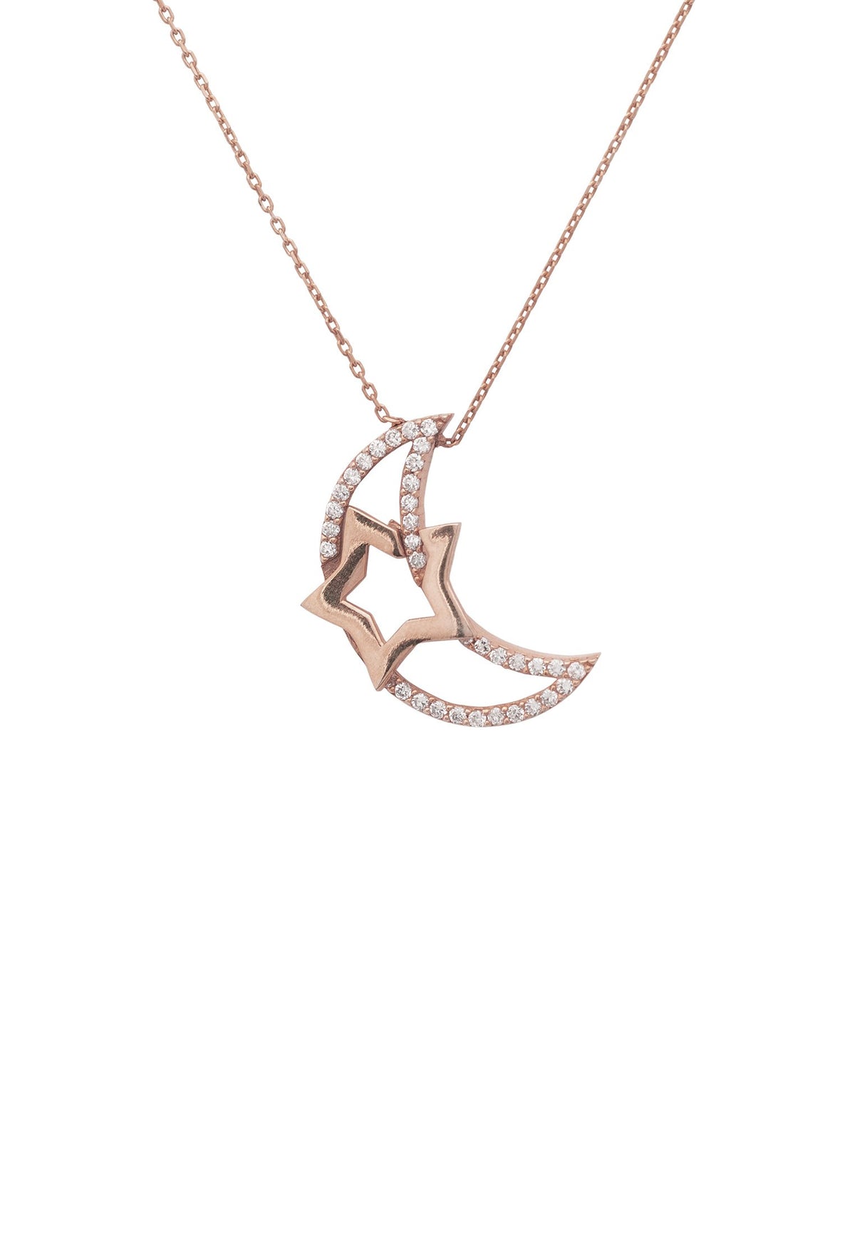 Crescent Moon &amp; Star Pendant Necklace Rosegold