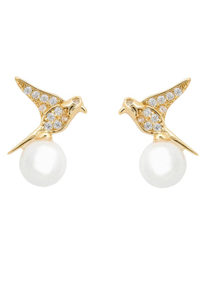Swallows and Pearl Stud Earring Gold