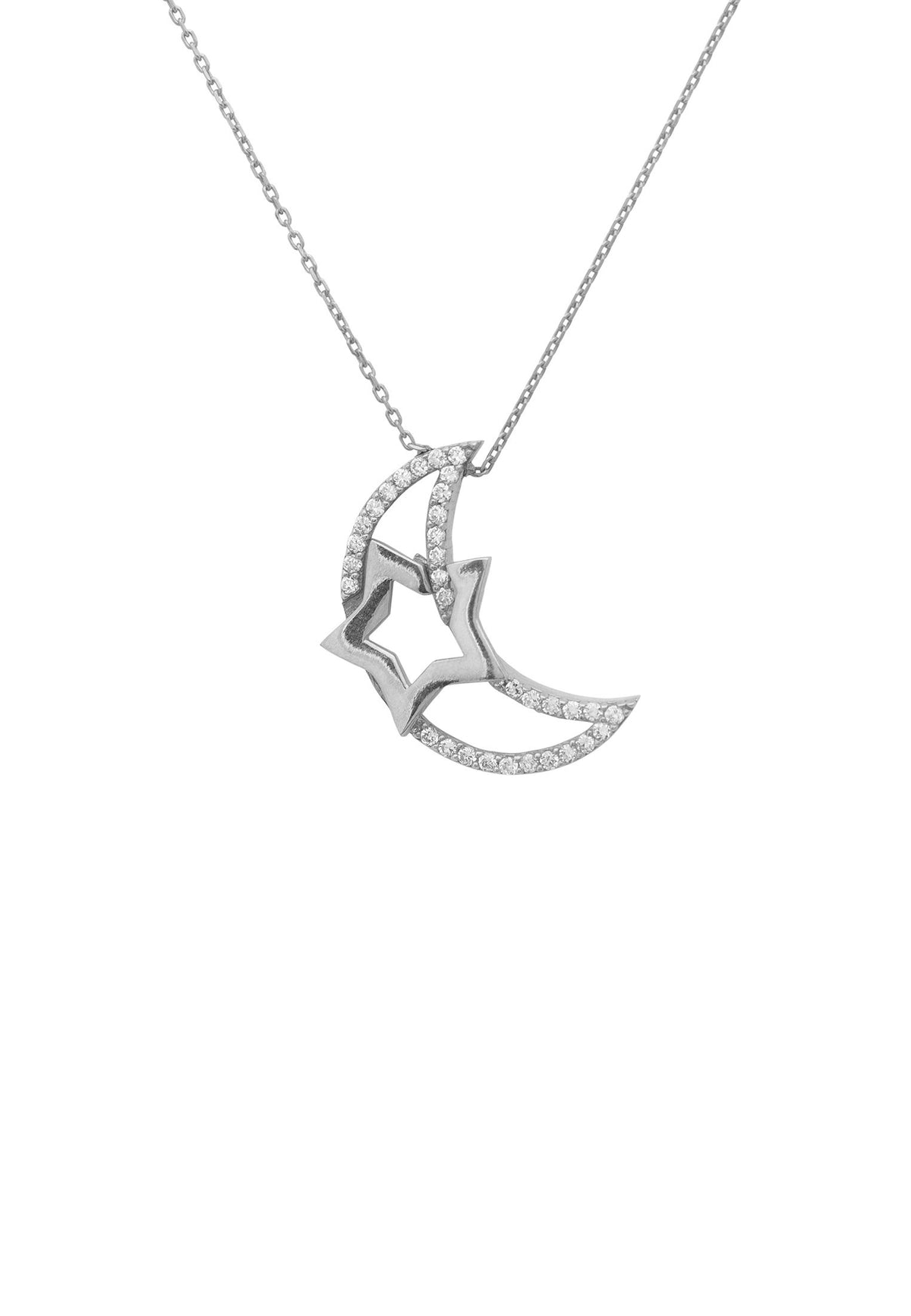 Crescent Moon &amp; Star Pendant Necklace Silver