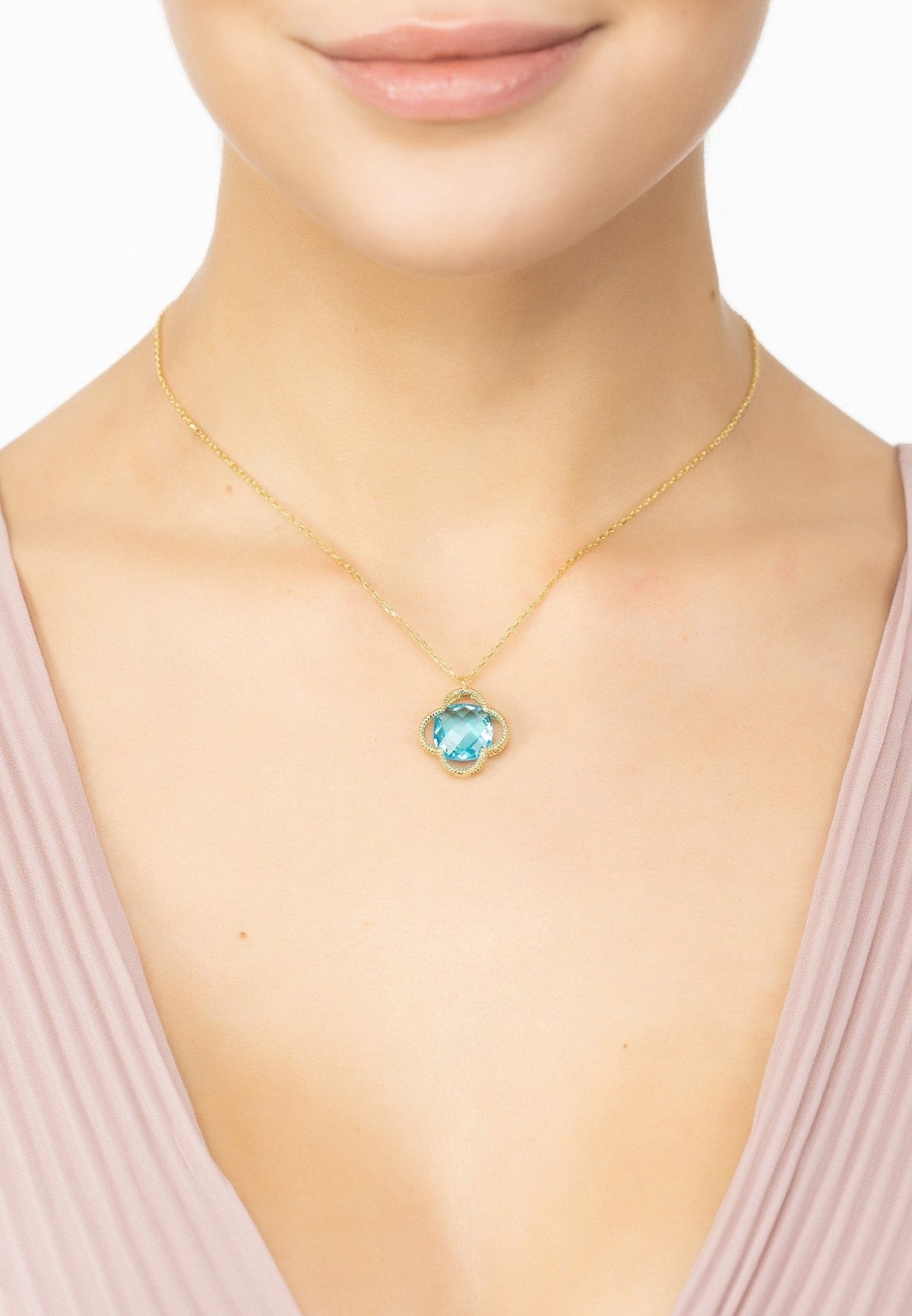 Open Clover Flower Gemstone Necklace Gold Blue Topaz