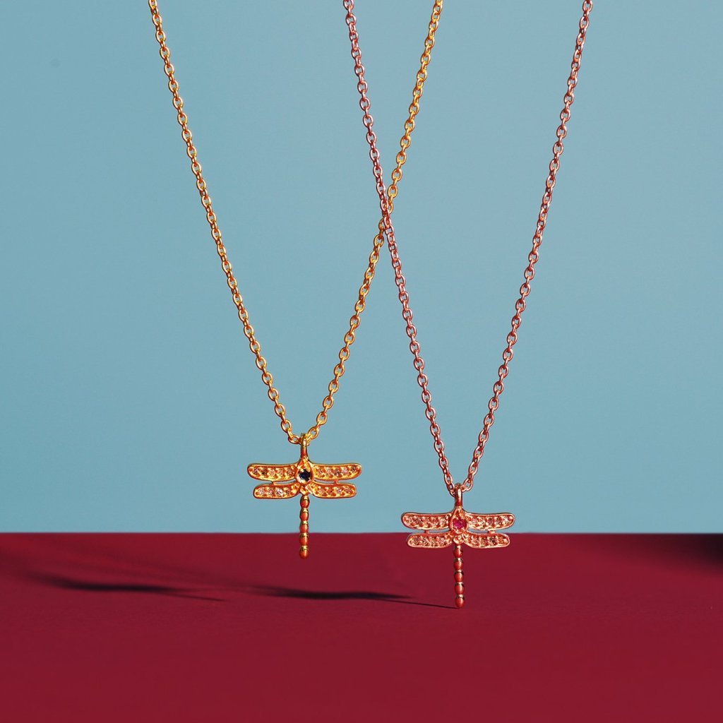 Diamond &amp; Ruby Dragonfly Necklace Rosegold